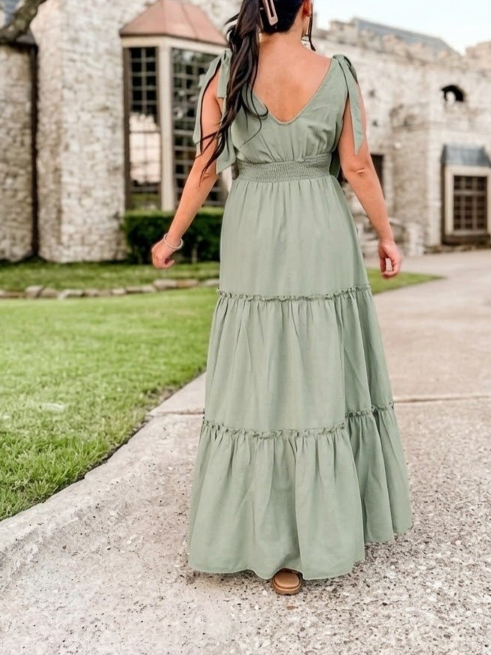 Sage Tie-Shoulder Maxi Dress with Smocked Waist